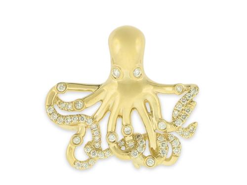 14K yellow gold octopus pendant with diamond-set eyes and tentacles.