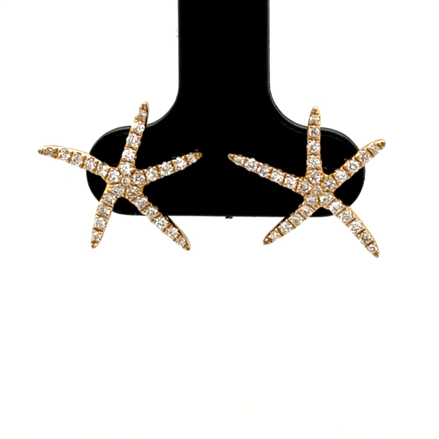 14K yellow gold starfish stud earrings pavé-set with round white diamonds.