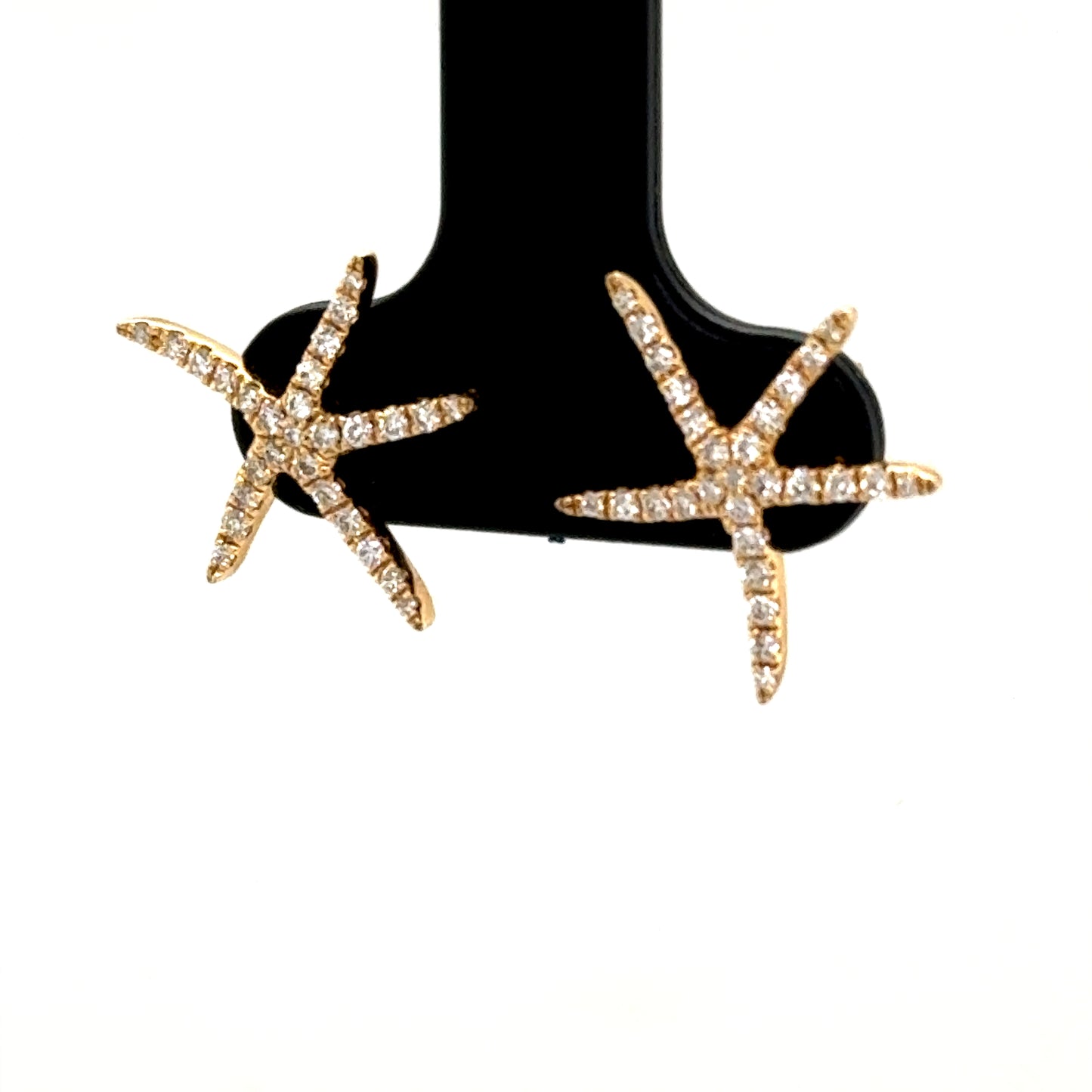 14K yellow gold starfish stud earrings pavé-set with round white diamonds.