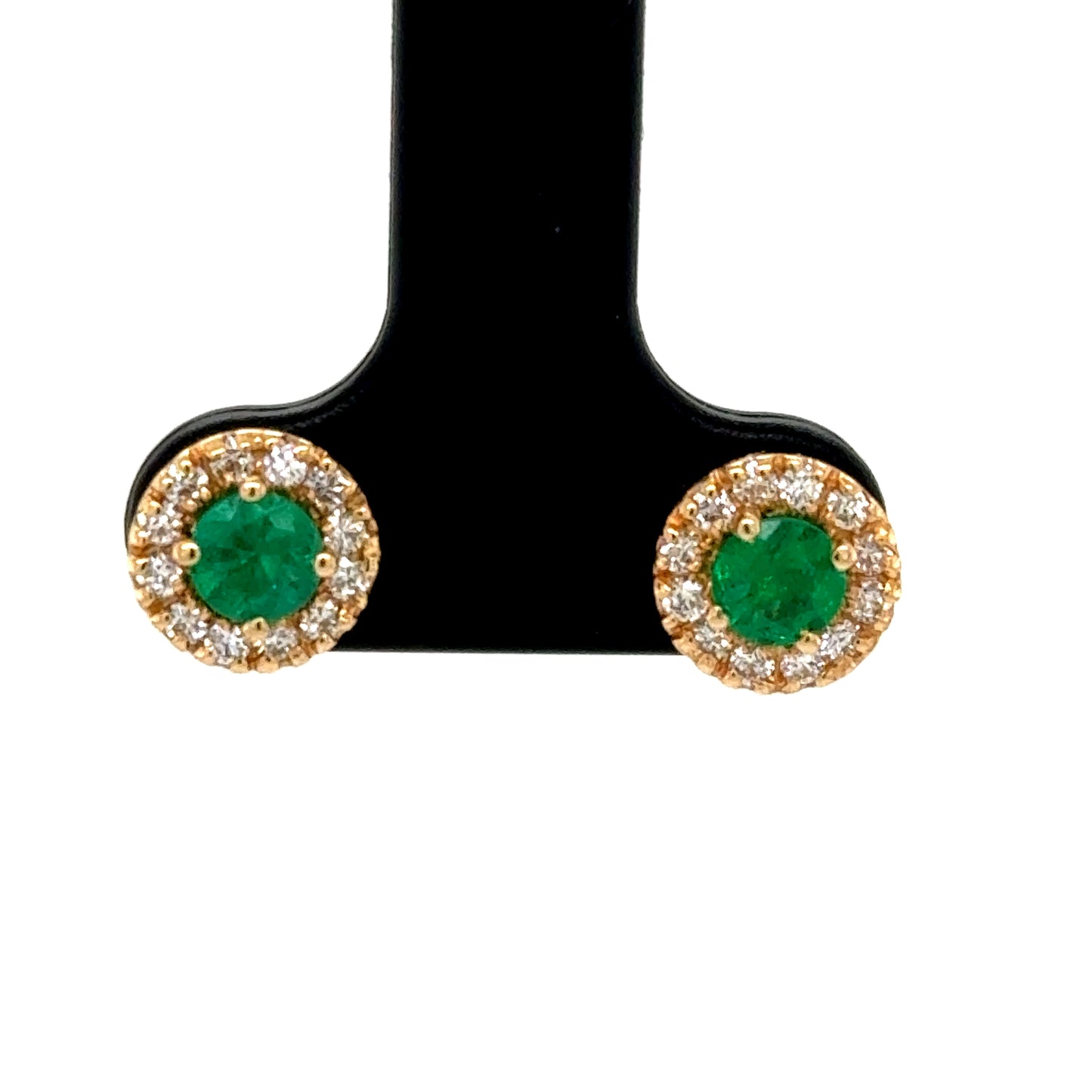 14K yellow gold stud earrings with round emerald centers and diamond halos.