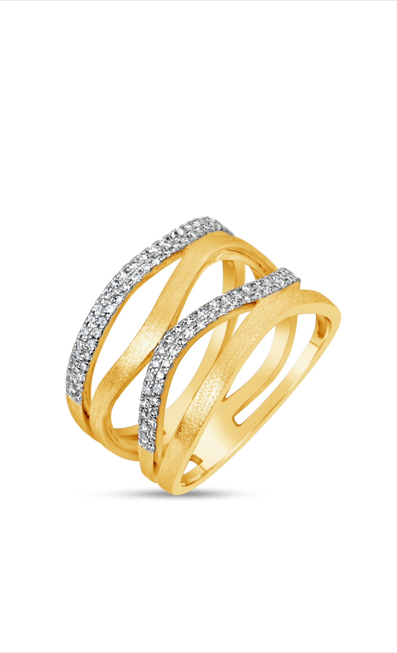 14K yellow gold freeform band with openwork and two pavé diamond rows.