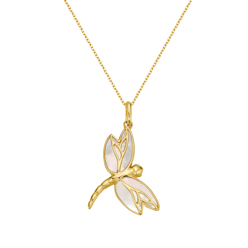 14K yellow gold dragonfly pendant with mother-of-pearl wings on rolo chain.