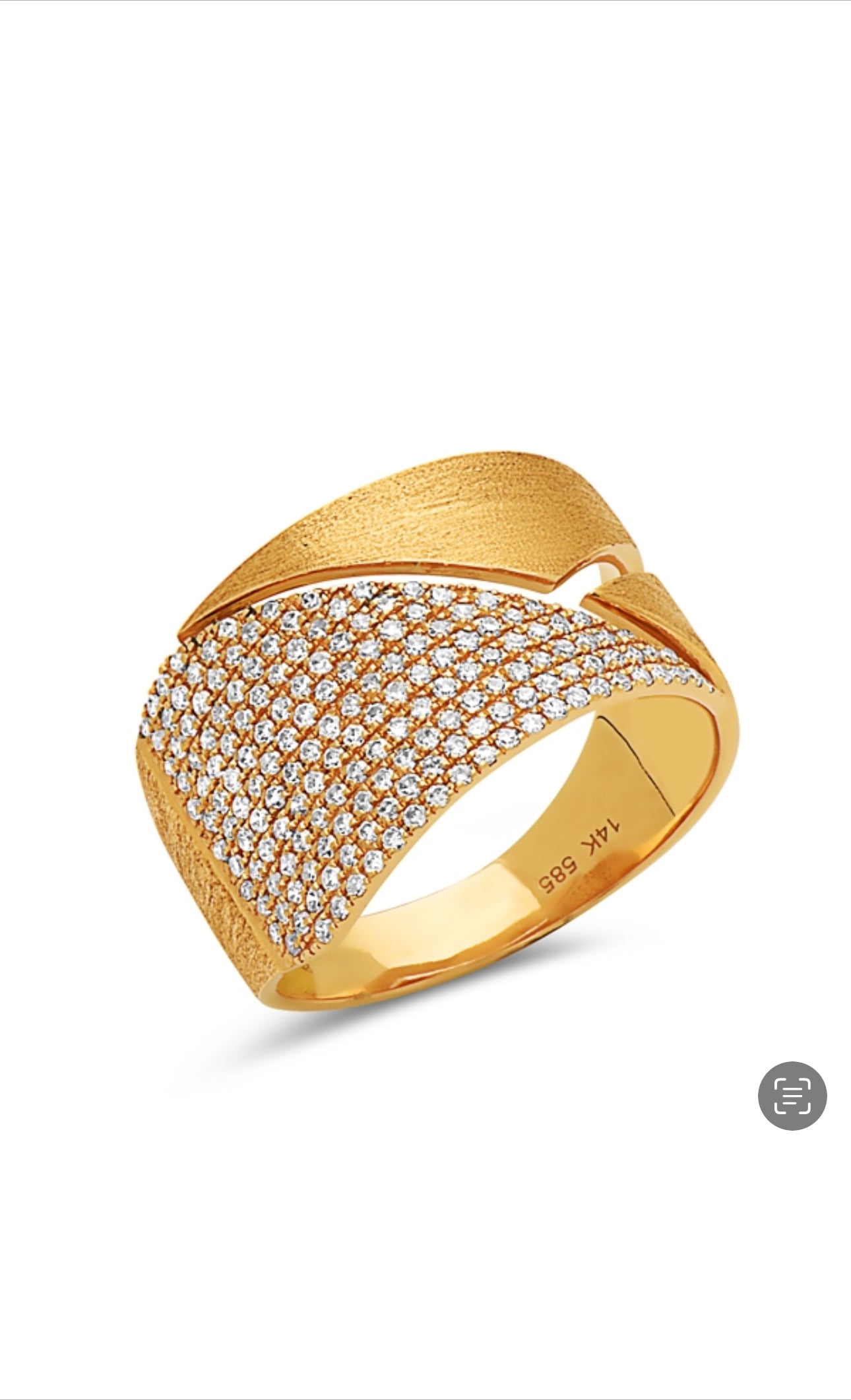 14K yellow gold three-section band with pavé-set round diamonds across the top.