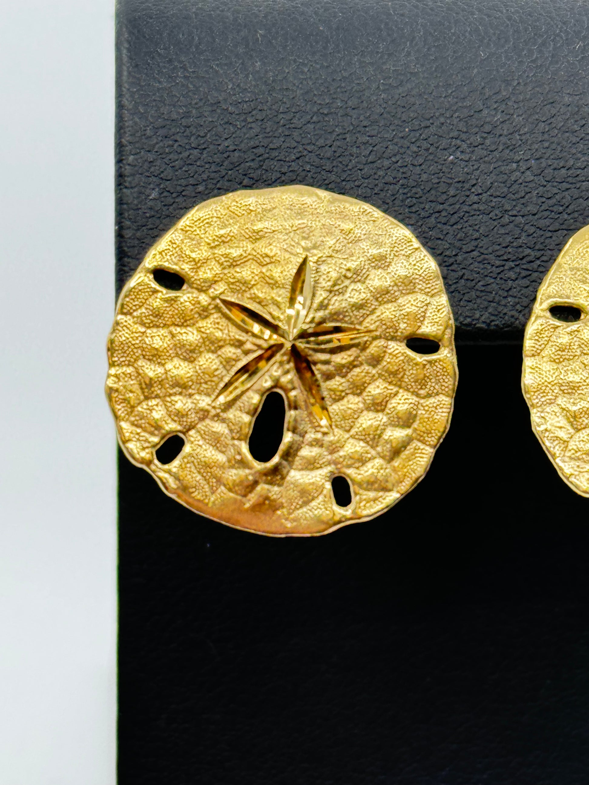 Textured 14K yellow gold sand dollar stud earring with cutout details.