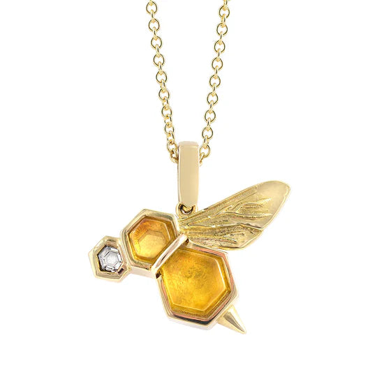 14K yellow gold bee pendant with amber hexagons, diamond head, cable chain.
