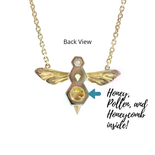 14K yellow gold bee pendant on cable chain, hexagon diamond and amber accents.