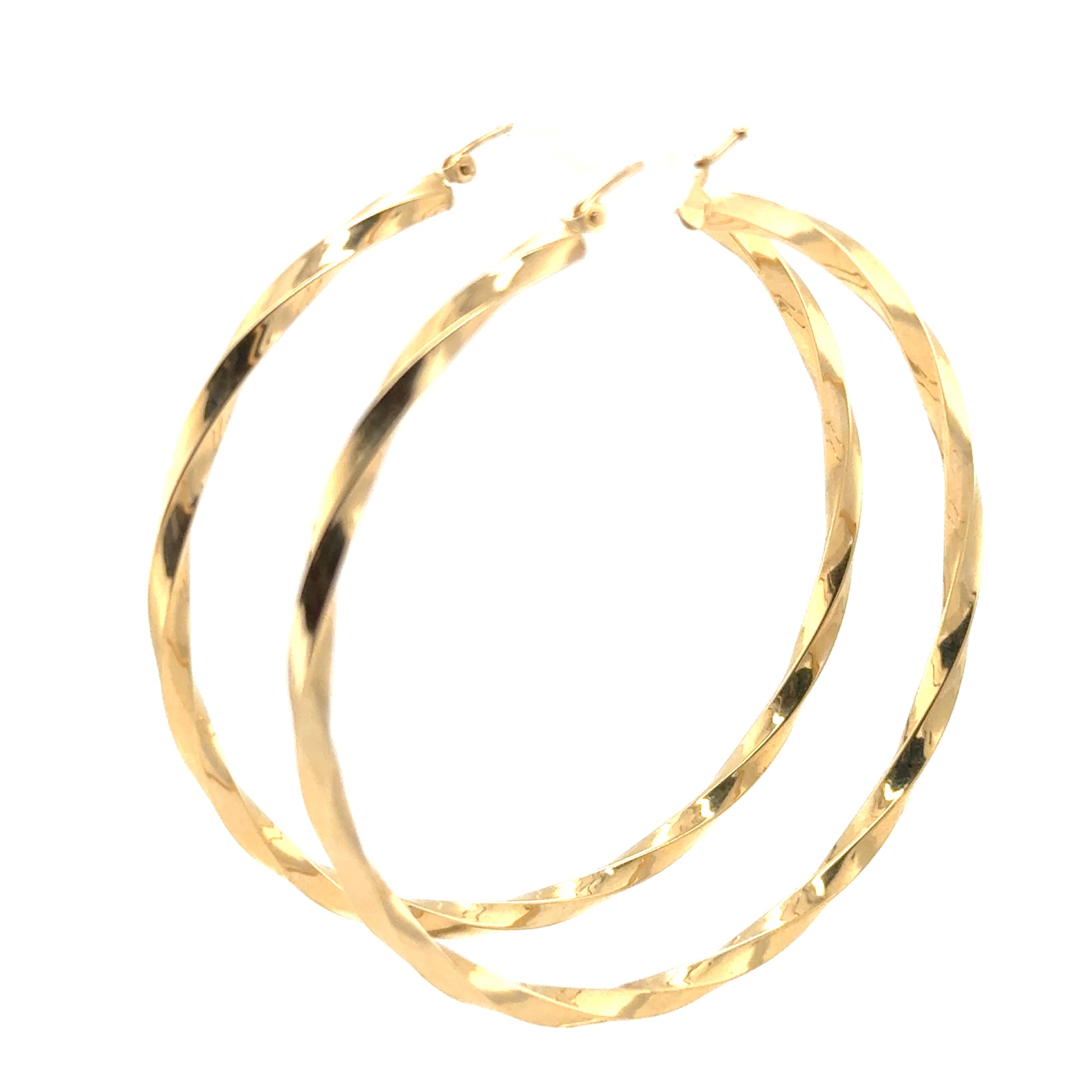 Extra-large twisted hoop earrings in polished 14K yellow gold with latch backs.