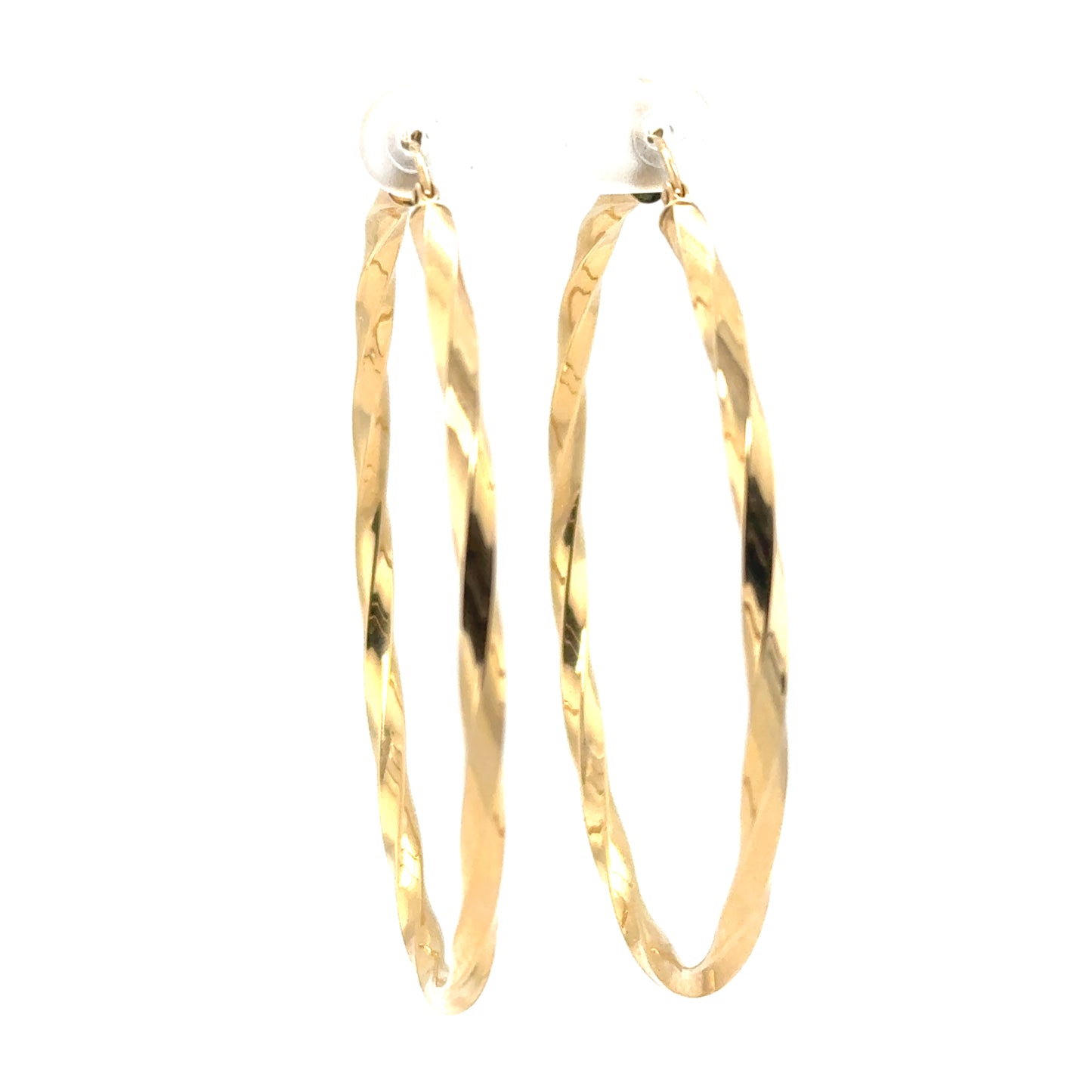 Extra large 14K yellow gold twisted tube hoop earrings for pierced ears.