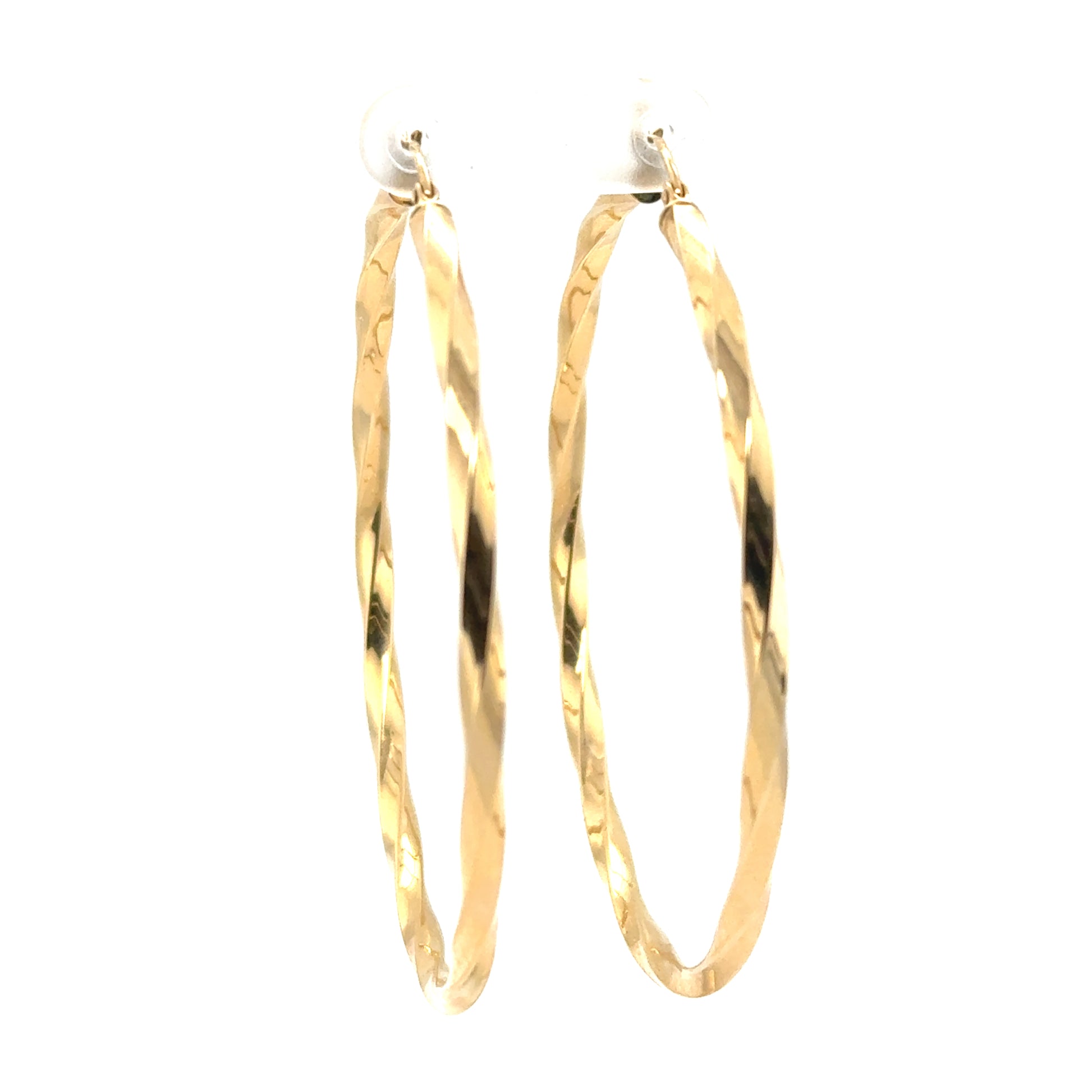 Extra large 14K yellow gold twisted tube hoop earrings for pierced ears.