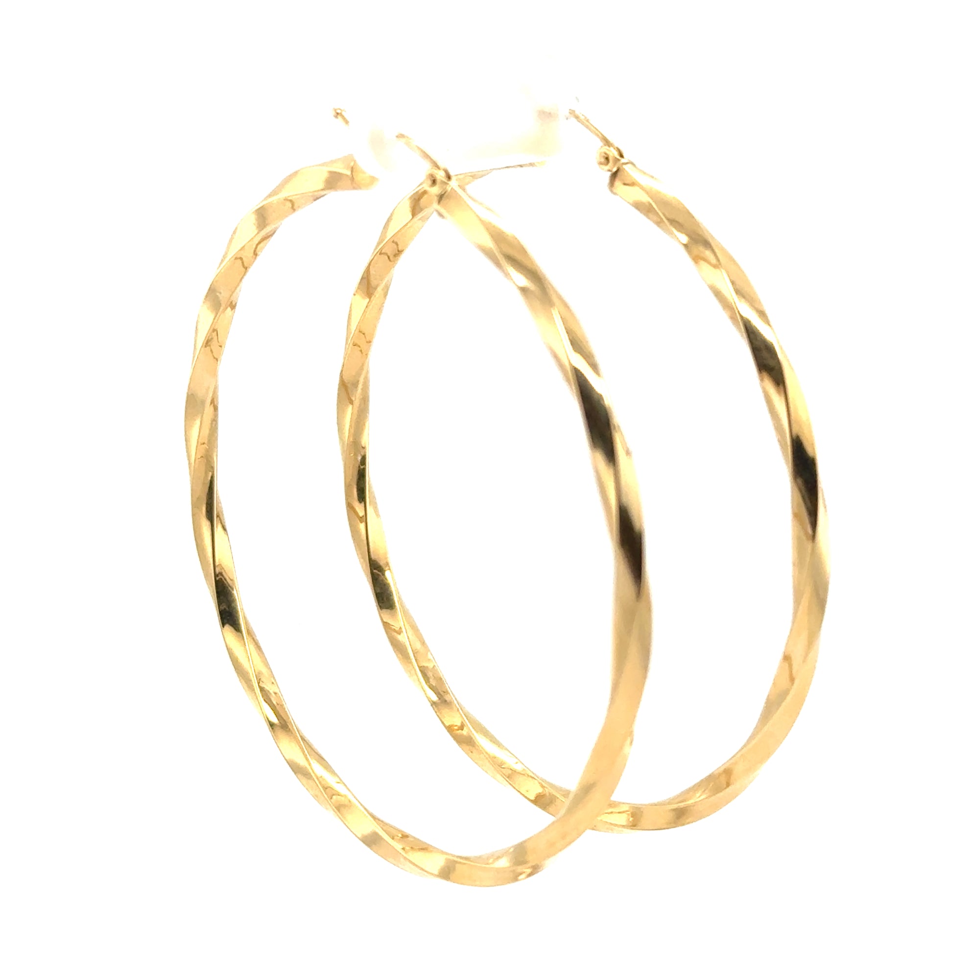 Extra large 14K yellow gold twisted tube hoop earrings for pierced ears.
