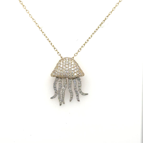 14K yellow and white gold jellyfish pendant with pavé diamond body and tentacles.
