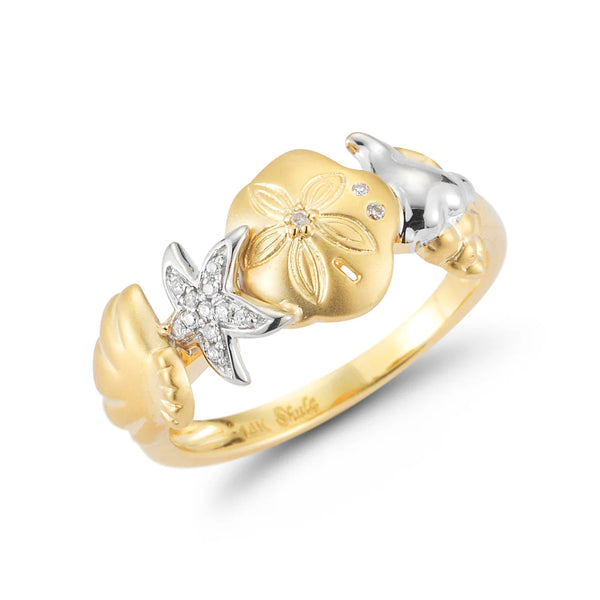14K yellow and white gold ring with diamond-accent starfish, sand dollar, and shell motifs.