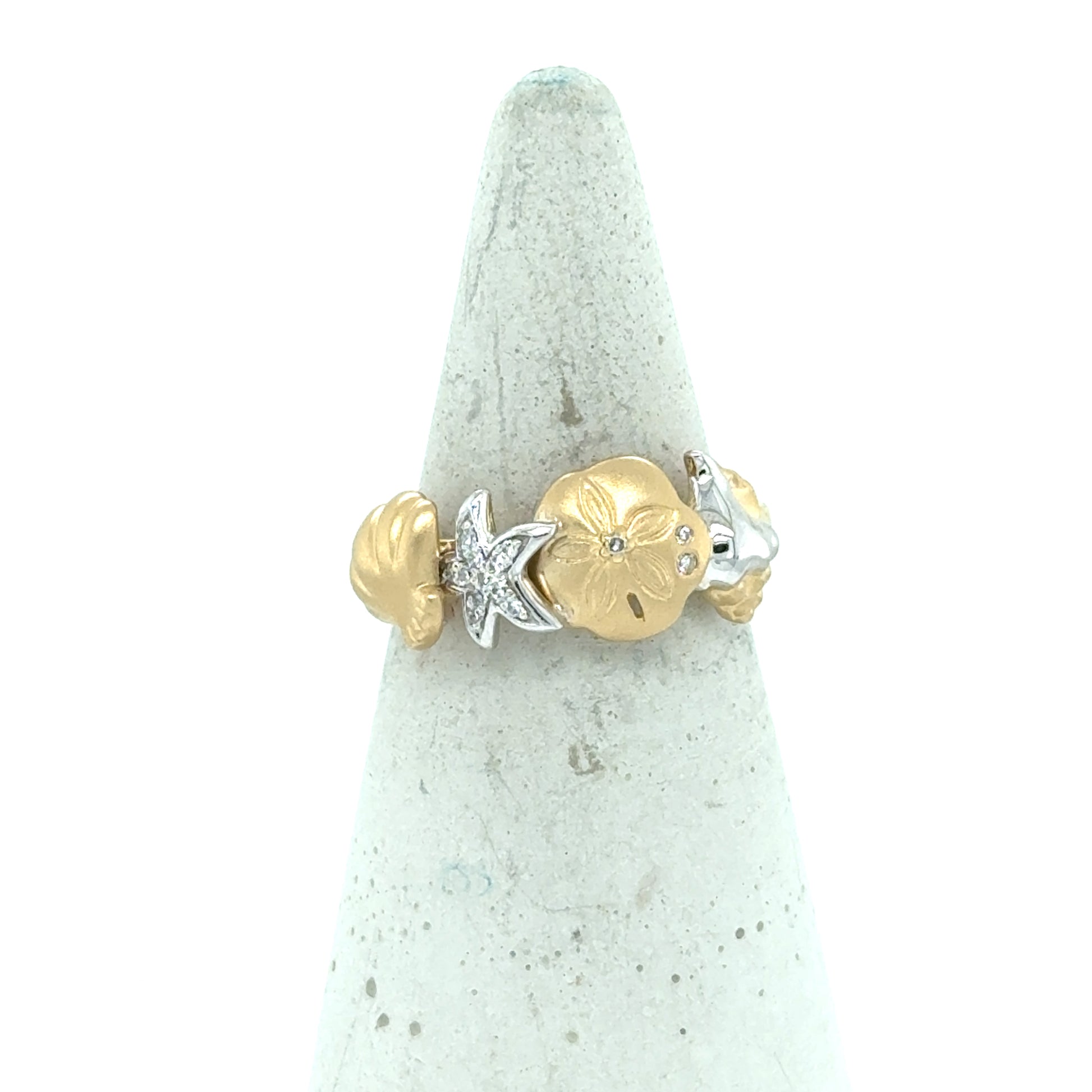 Two-tone 14K gold band with seashell, starfish, sand dollar motifs, diamond accents.