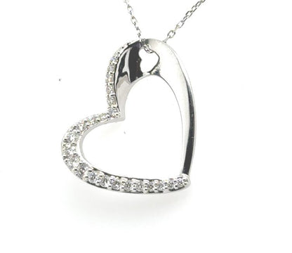 14K white gold open-heart pendant with shared-prong diamonds on an 18-inch chain.