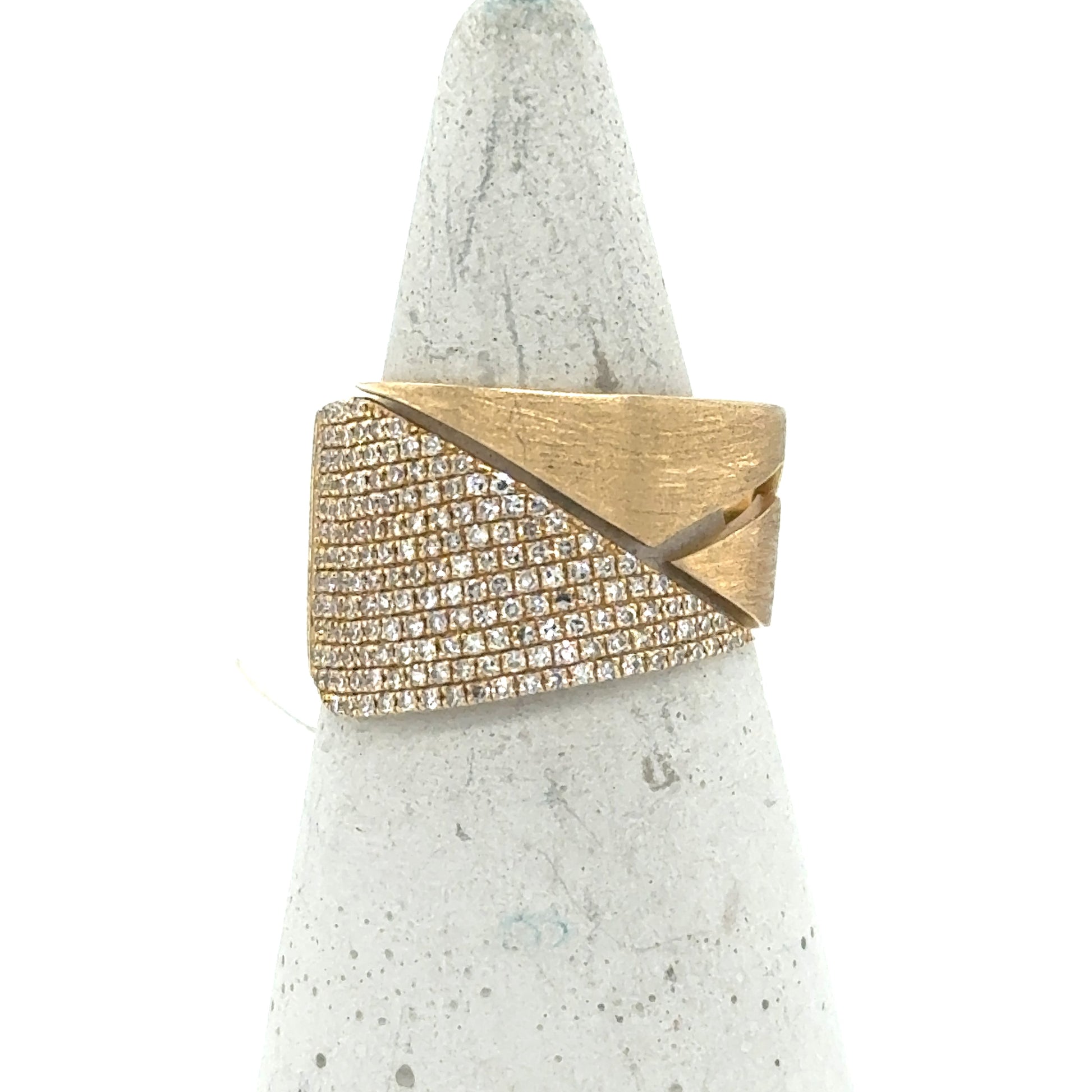 14K yellow gold band with three-section design and pave-set diamond rows.