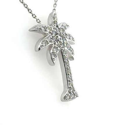 14K White Gold Pave Diamond Palm Tree Pendant - 0.75ct