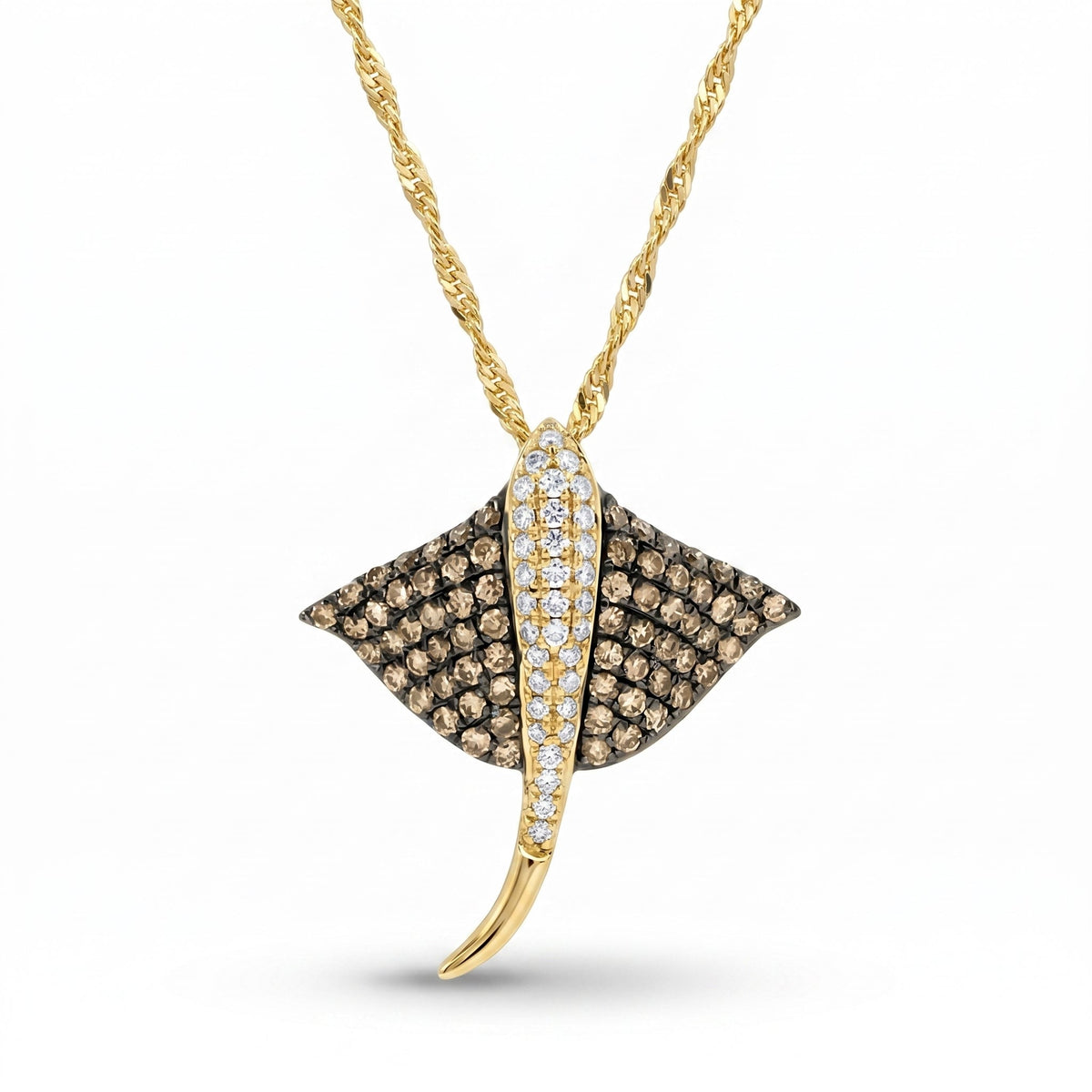 14K Yellow Gold Diamond Stingray Pendant - 0.62ct White & Chocolate