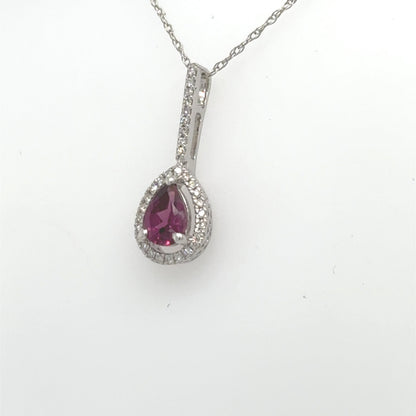 14K white gold pendant with pear-shaped rhodolite garnet and diamond halo.