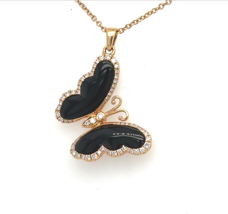 18K rose gold butterfly pendant with black onyx wings and diamond halos on rolo chain.