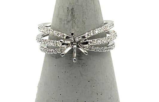 18K white gold semi-mount ring with triple diamond pavé shank and empty prongs.