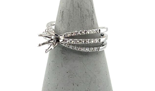 18K white gold semi-mount ring with triple split shank pavé diamond rows.
