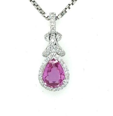 18K white gold pendant with pear-shaped pink sapphire and diamond halo bail.