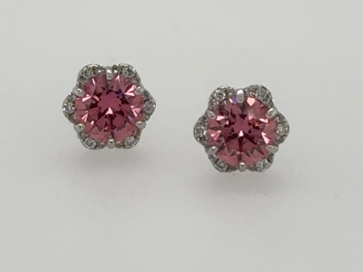18K white gold studs with round pink centers and diamond scalloped halos.