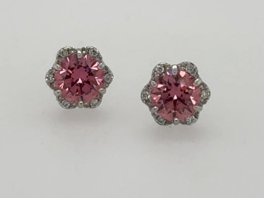 18K white gold studs with round pink centers and diamond scalloped halos.