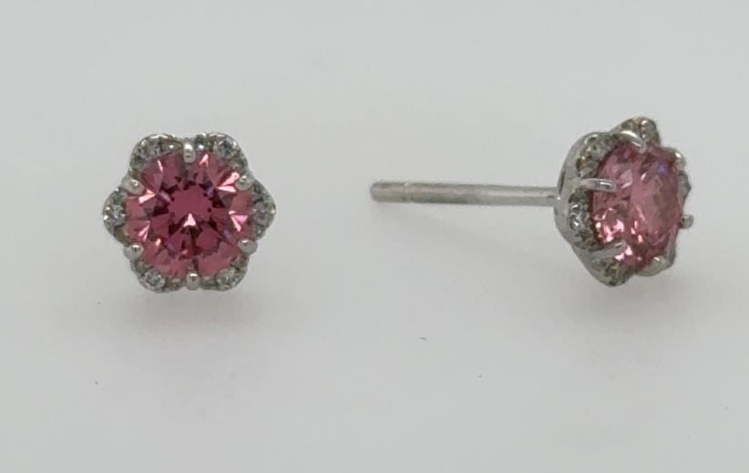 18K white gold stud earrings with round pink centers and diamond halo.