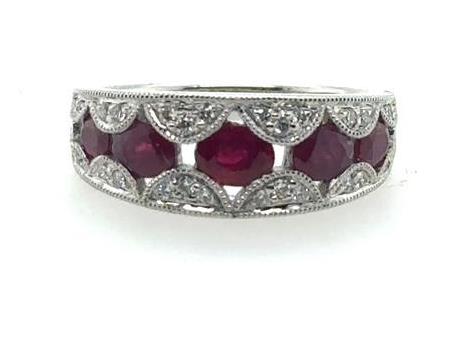 18K white gold band with five oval rubies and pavé diamond scalloped accents.