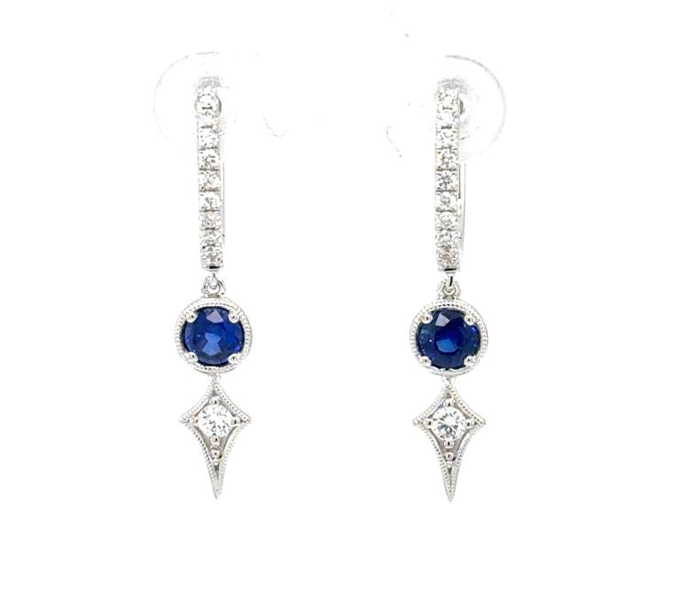 18K white gold diamond hoop earrings with round blue sapphires and diamond drops.