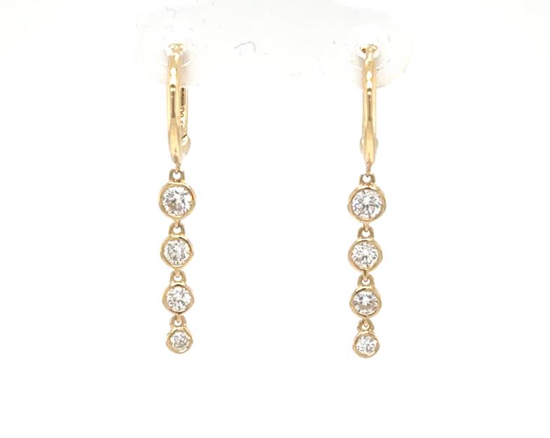 18K yellow gold hoop earrings with four graduated bezel-set round diamond drops.