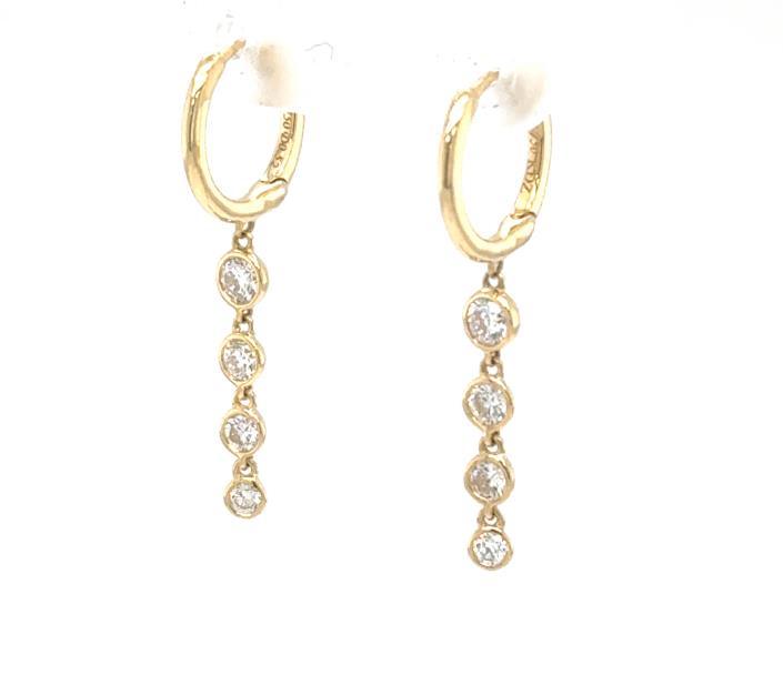 18K yellow gold hoop earrings with graduated bezel-set round diamond drops.