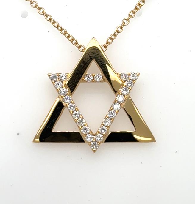 18K yellow gold Star of David pendant with pavé-set round diamonds on one triangle.