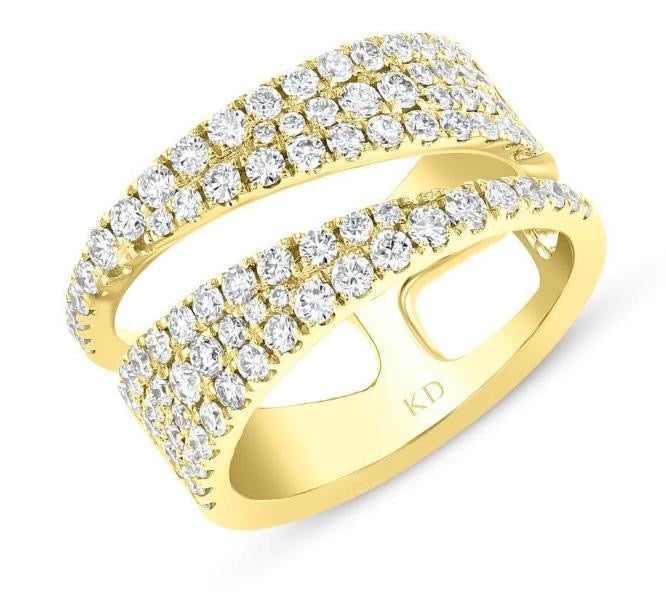 18K yellow gold split freeform band with pave-set round white diamonds.