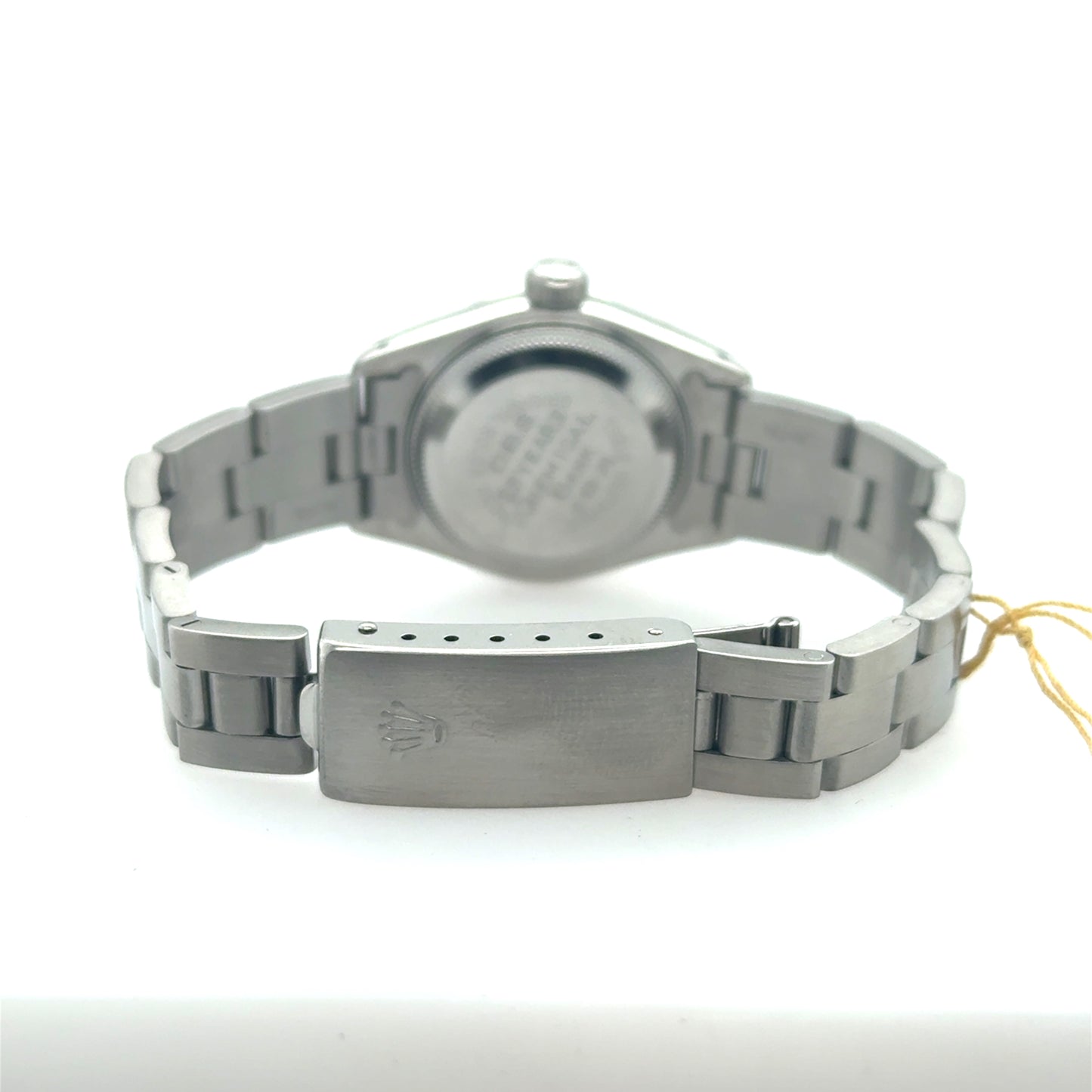 Stainless steel ladies Rolex Oyster bracelet with fold-over clasp and engraved caseback.