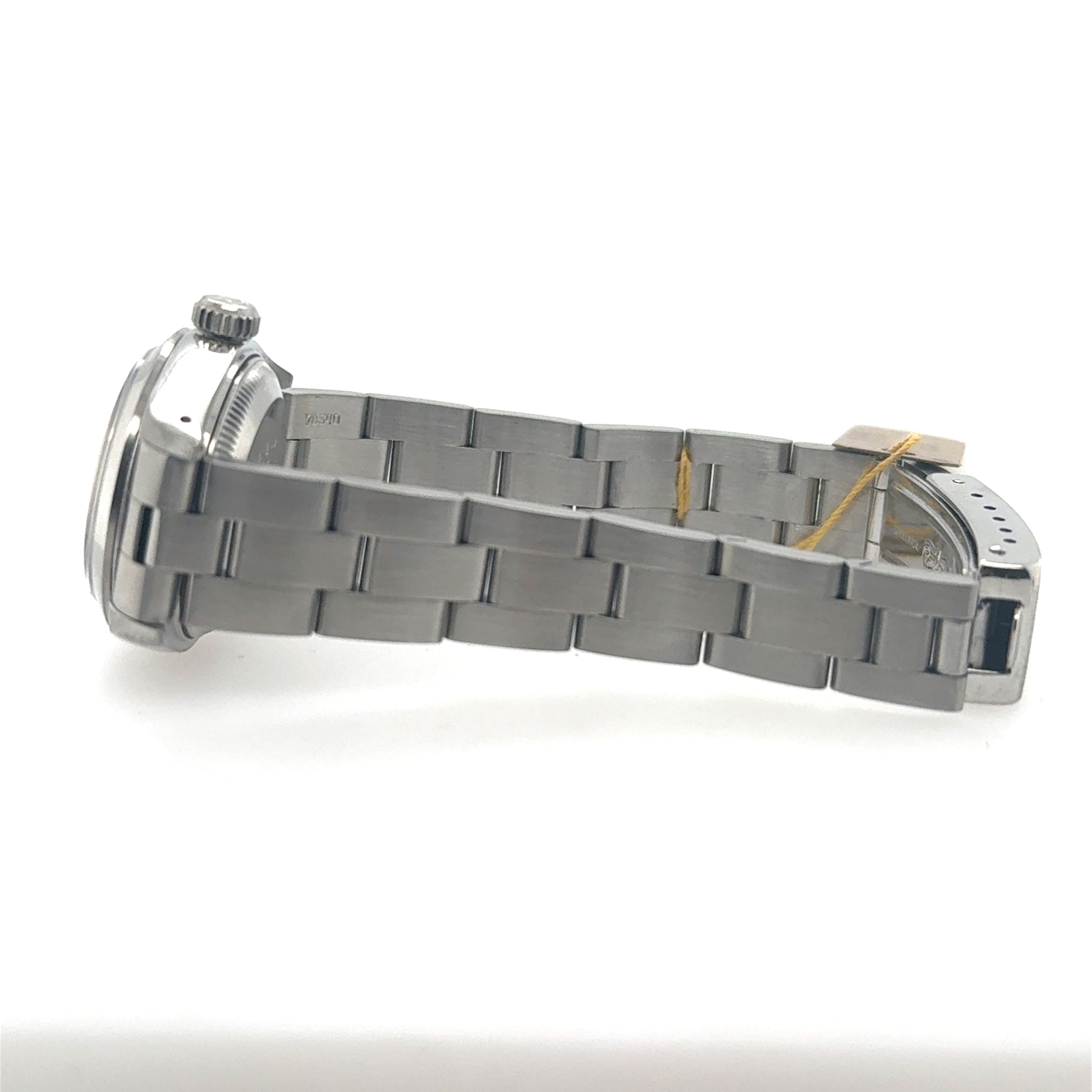 Stainless steel ladies watch with brushed Oyster bracelet and fold-over clasp.