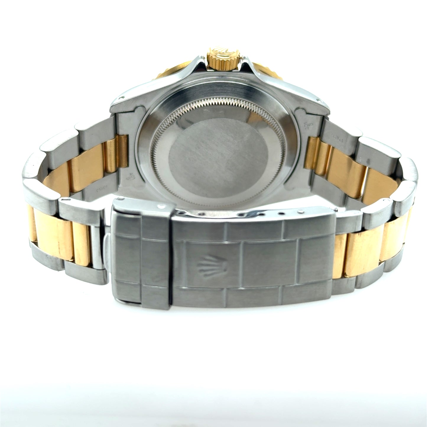 Back view of two-tone stainless steel and yellow gold Submariner bracelet with Fliplock clasp.