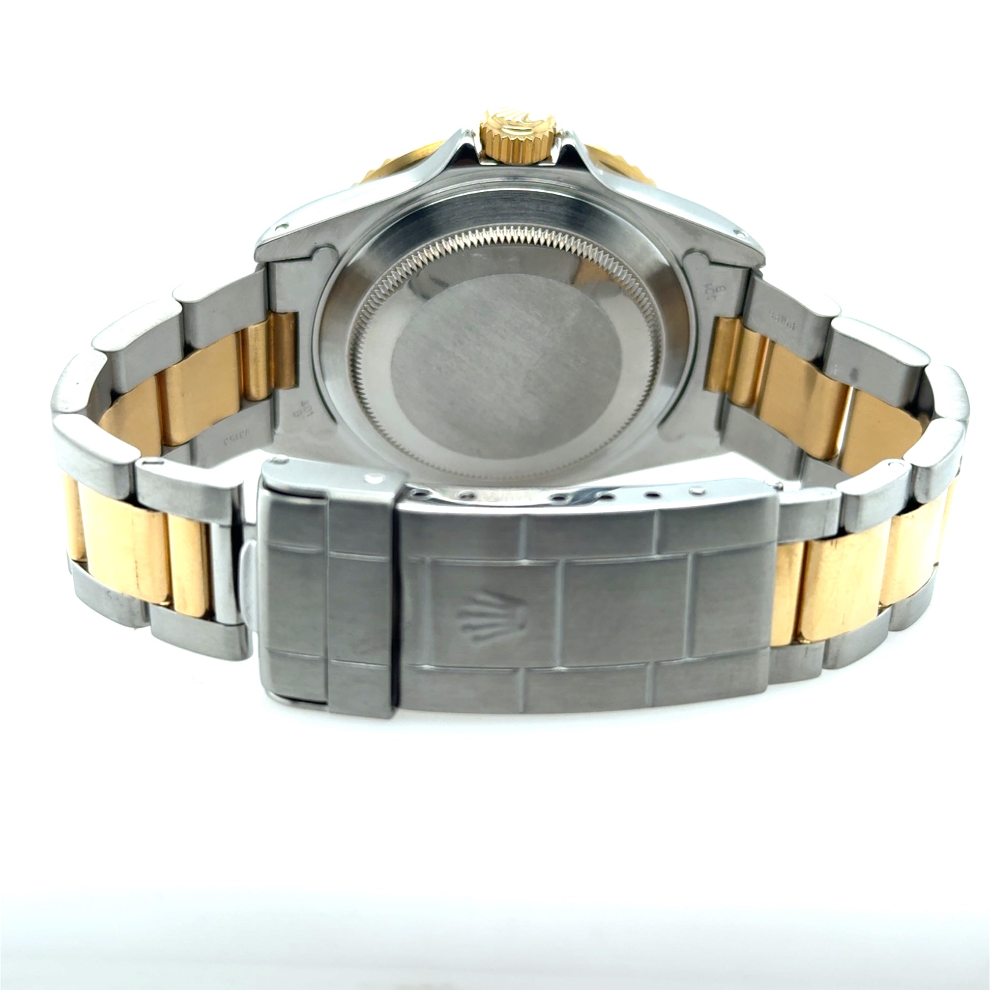 Back view of two-tone stainless steel and yellow gold Submariner bracelet with Fliplock clasp.