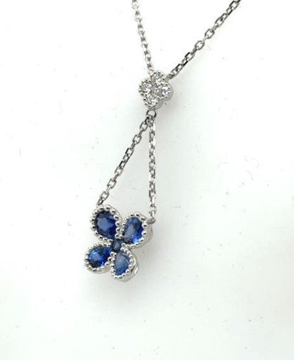 14K White Gold Sapphire & Diamond Clover Pendant Necklace