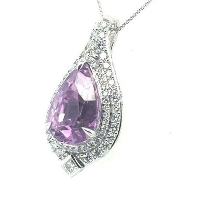 18K White Gold Pear Kunzite & Diamond Halo Pendant Necklace