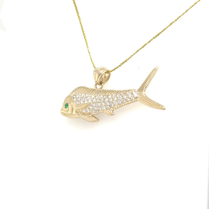 14K yellow gold mahi fish pendant with pavé diamonds and green emerald eye.