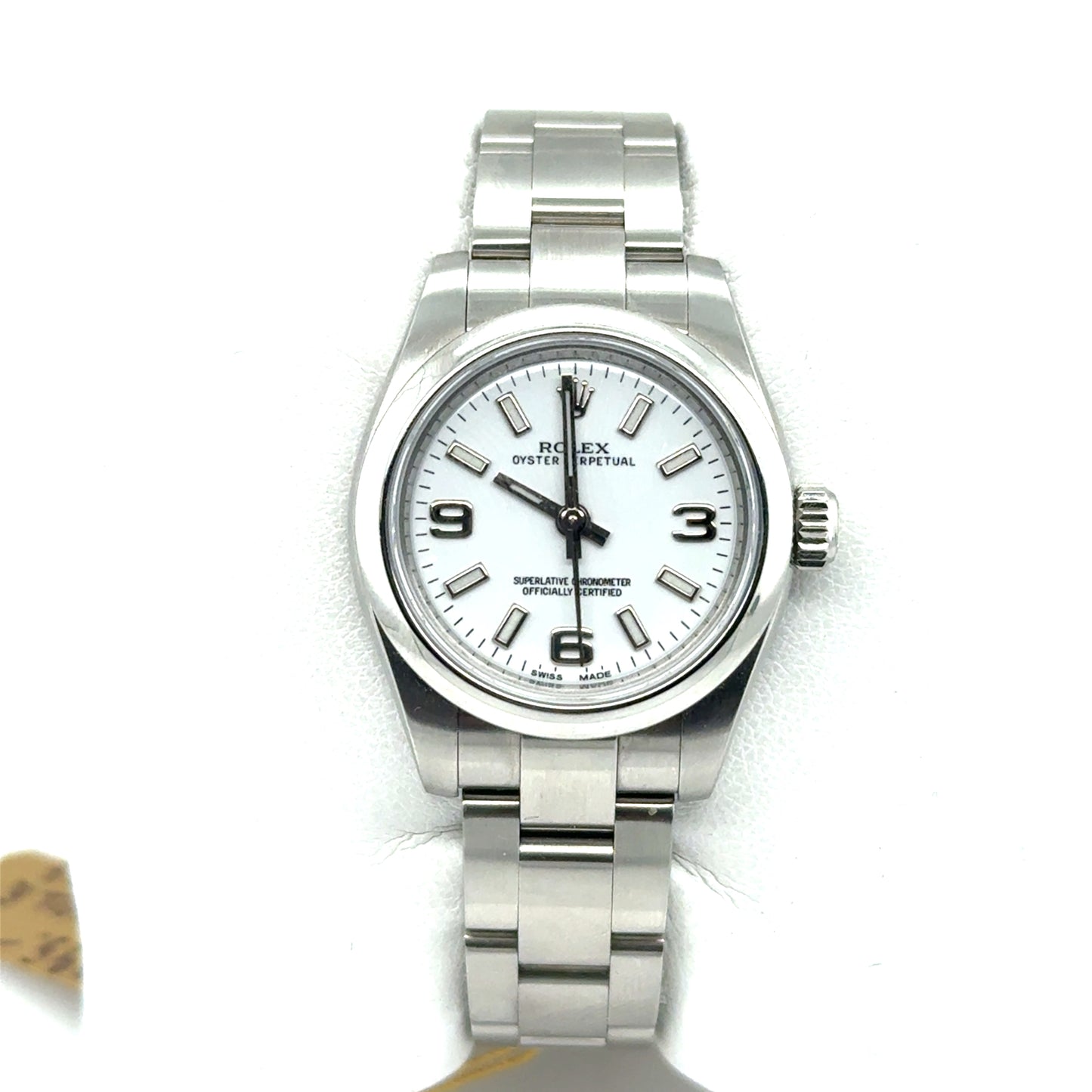 Stainless steel Rolex Oyster Perpetual 26mm with white dial and Oyster bracelet.