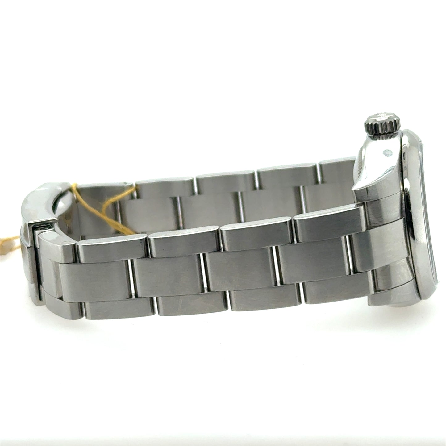 Stainless steel ladies watch side view showing Oyster bracelet and clasp.