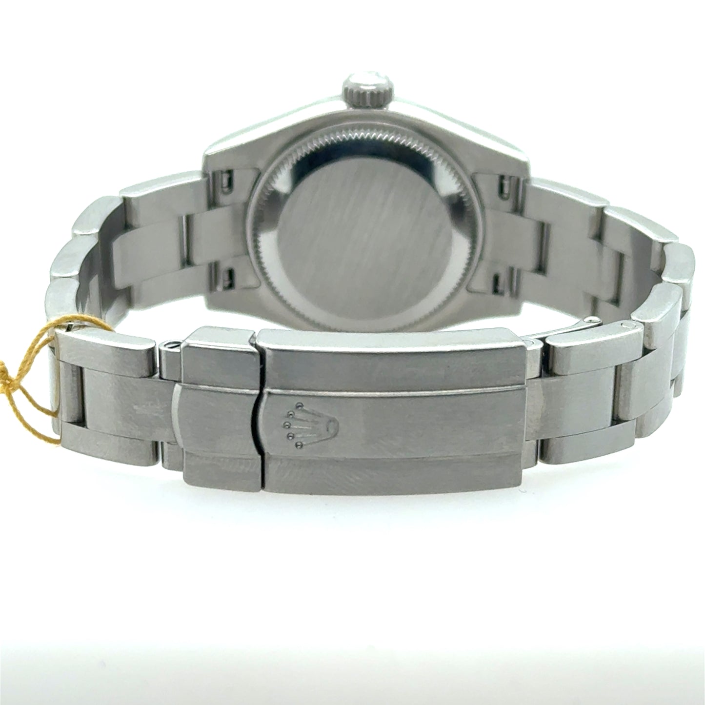 Stainless steel Rolex Oyster Perpetual 26mm shown from back with Oysterclasp bracelet.