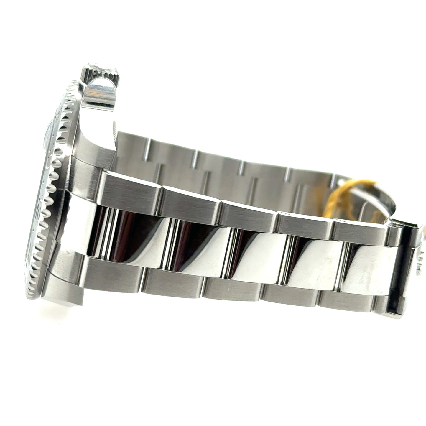 Side view of stainless steel Rolex Oyster bracelet with polished center links.