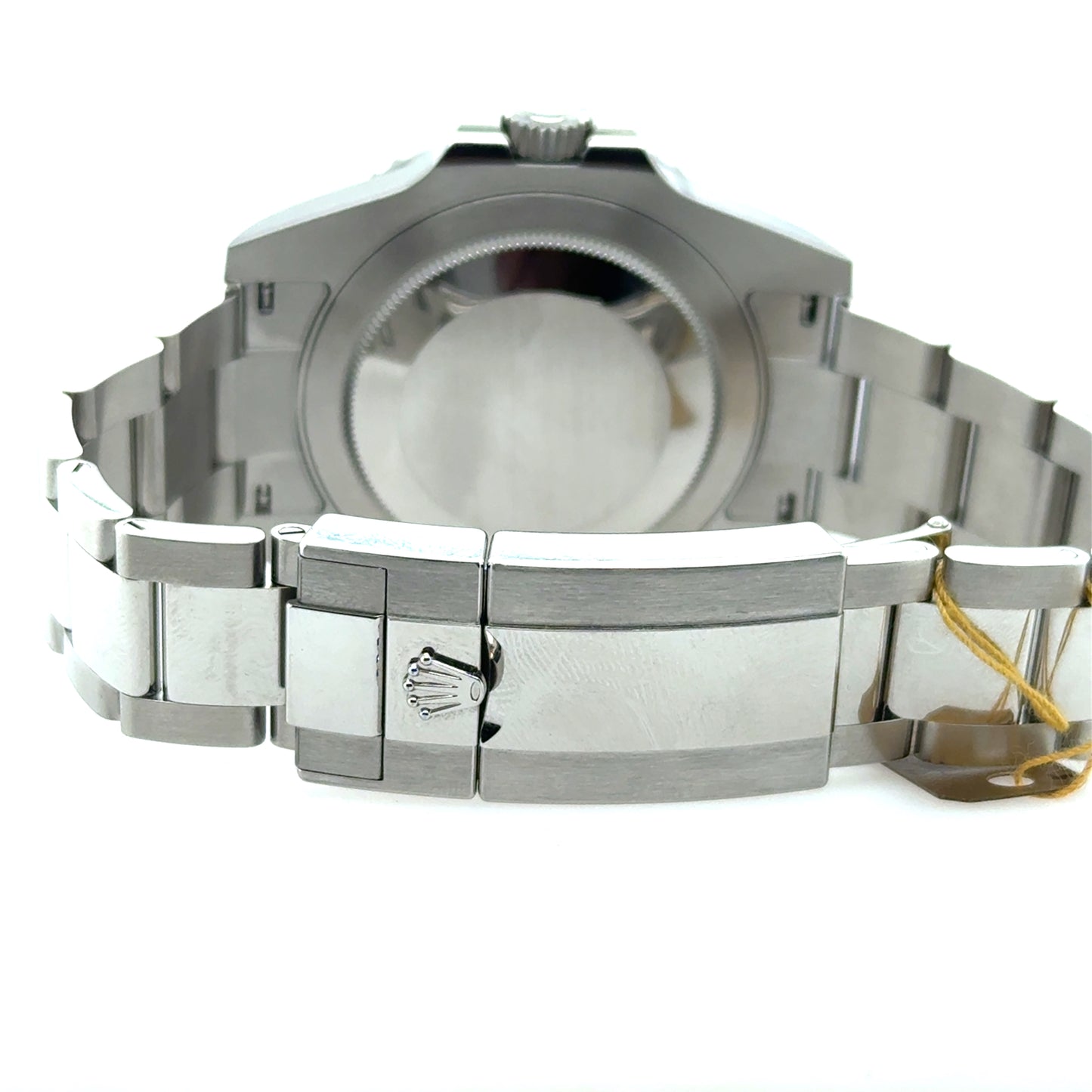 Stainless steel Rolex Oyster bracelet with folding clasp and closed caseback view.