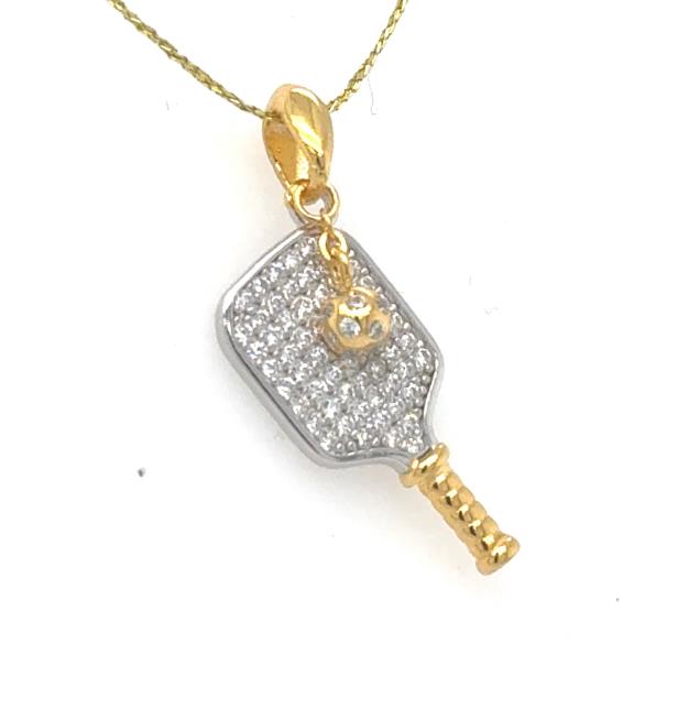 Sterling Silver Vermeil DOOR BUSTER Cubic Zirconia Pickleball Paddle Pendant