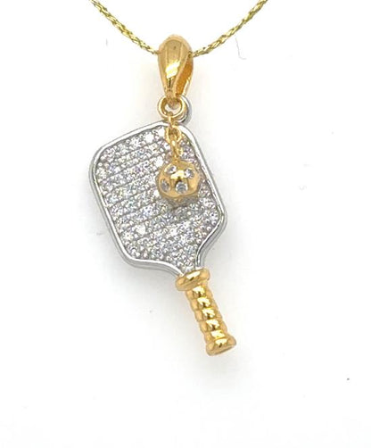 Sterling Silver Vermeil Cubic Zirconia Pickelball Paddle Pendant