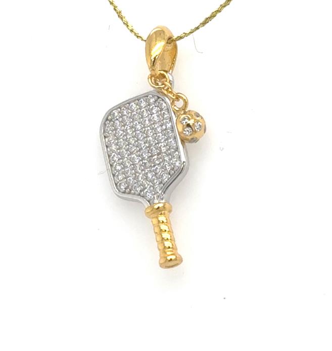 Sterling Silver Vermeil DOOR BUSTER Cubic Zirconia Pickelball Paddle Pendant